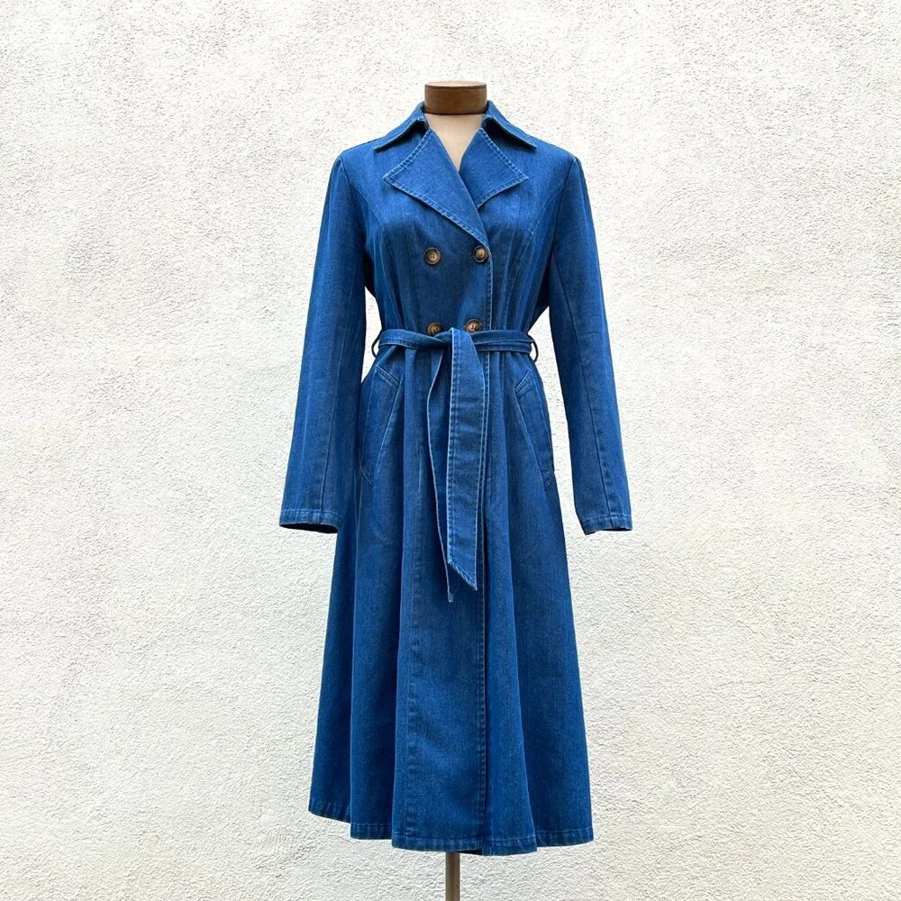 Women's Solitaire Blue Denim Belted Double Breasted Cotton Trench Coat Small - Picture 3 of 7